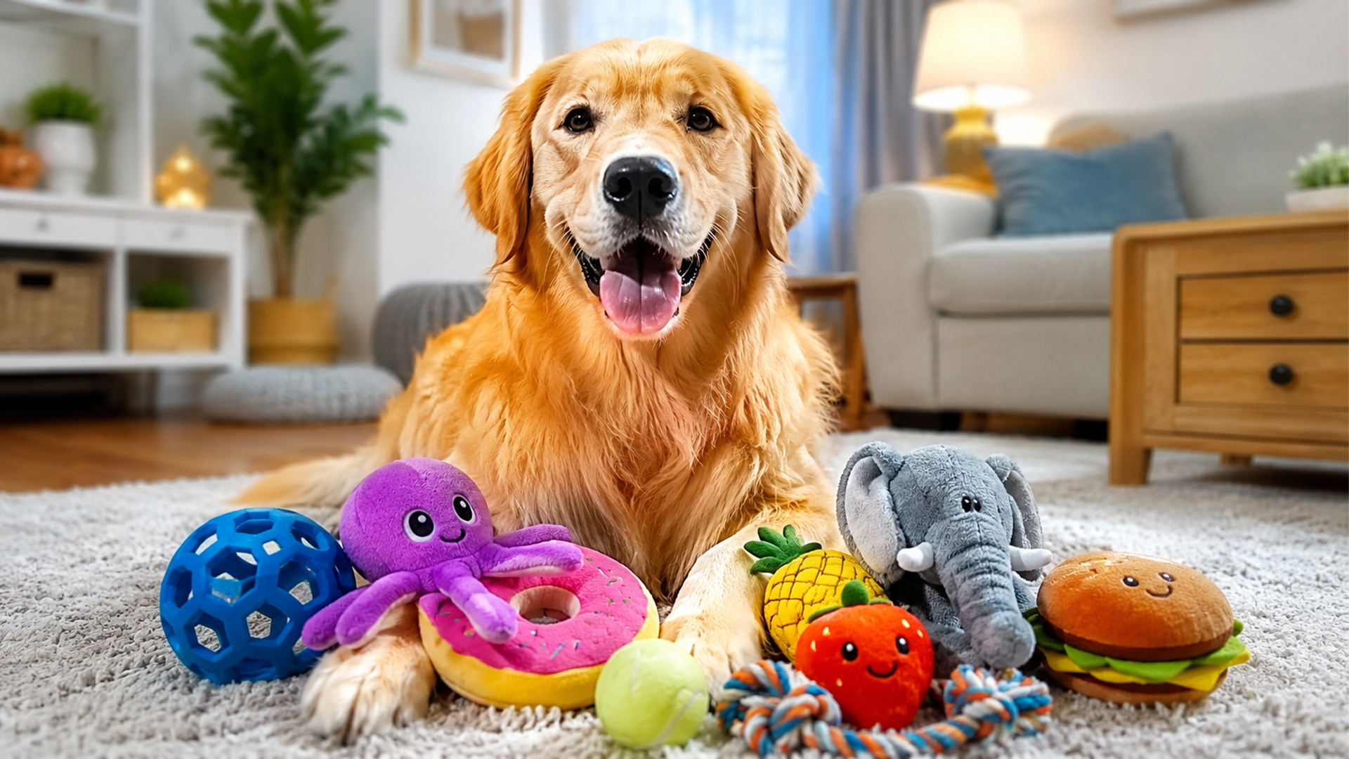 Golden retriever reviews his favorite toys