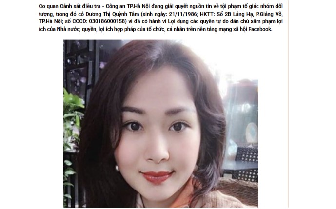 Công an Hà Nội truy tìm người phụ nữ tên Dương Thị Quỳnh Tâm