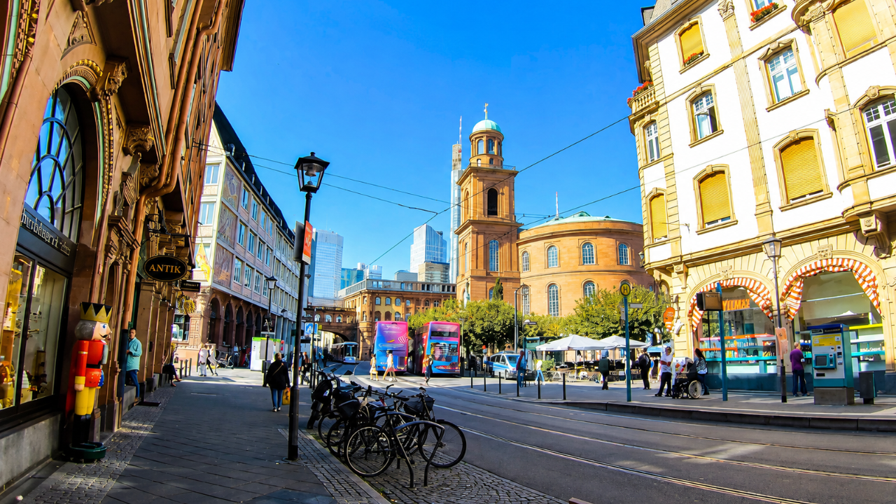 How does Frankfurt change from historic streets to skyscrapers?