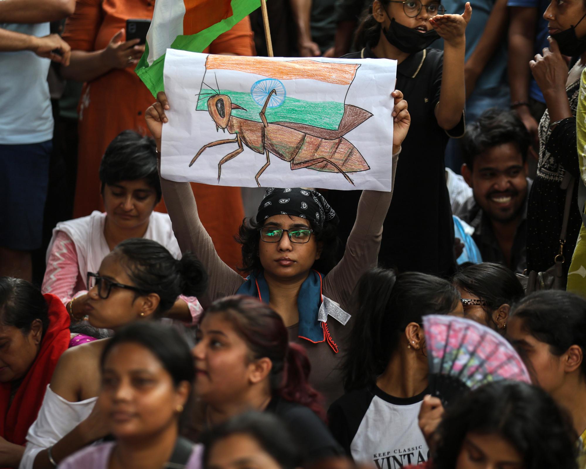 Supporters of the Cockroach Janta party call for the government to be held accountable for exam leaks during a protest in New Delhi. Photograph: Rajat Gupta/EPA