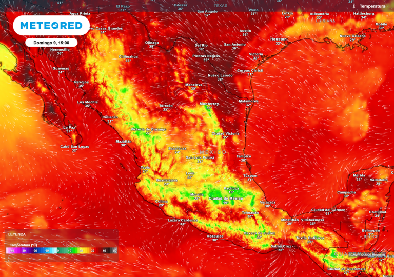 Temperaturas entre 35-45 °C persistirán en el norte y entidades costeras, siendo lo más caluroso entre BC., y Son., rondando 50 °C. Las lluvias refrescarán, especialmente el Altiplano.