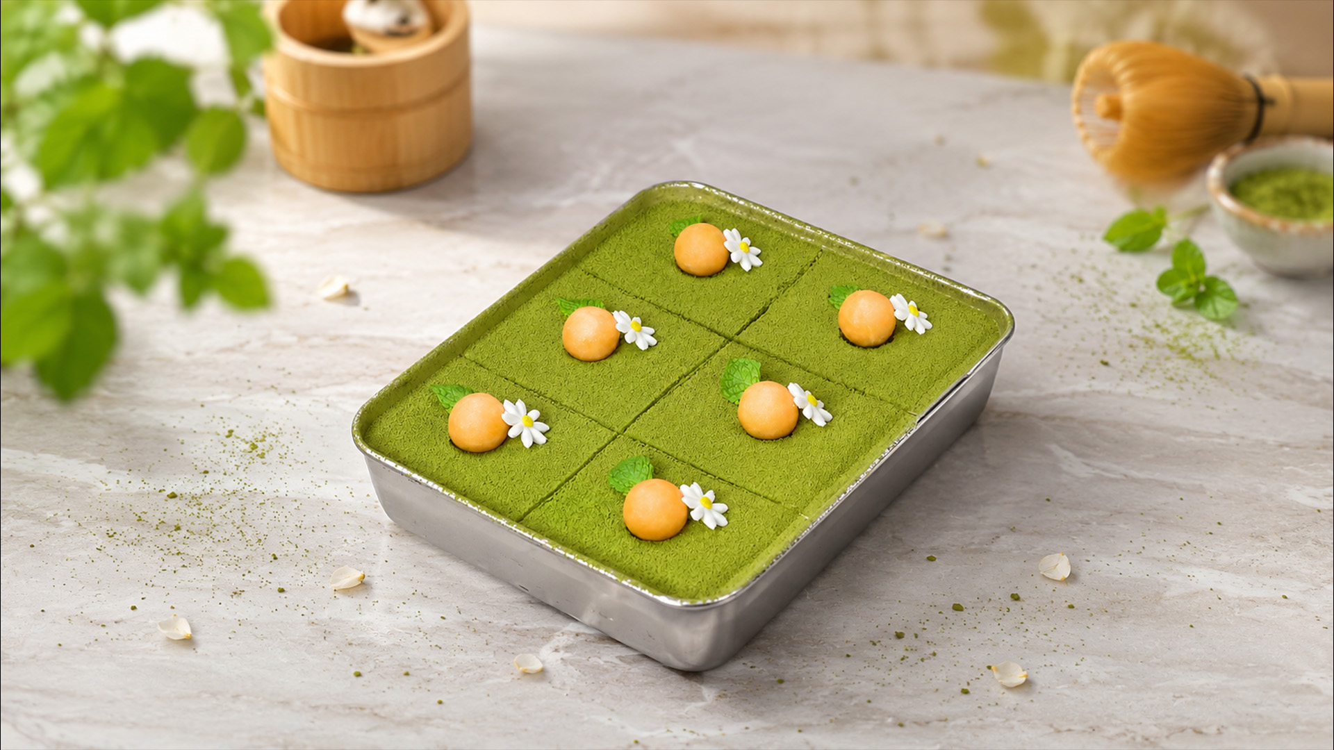 A beautiful matcha cake with melon toppers