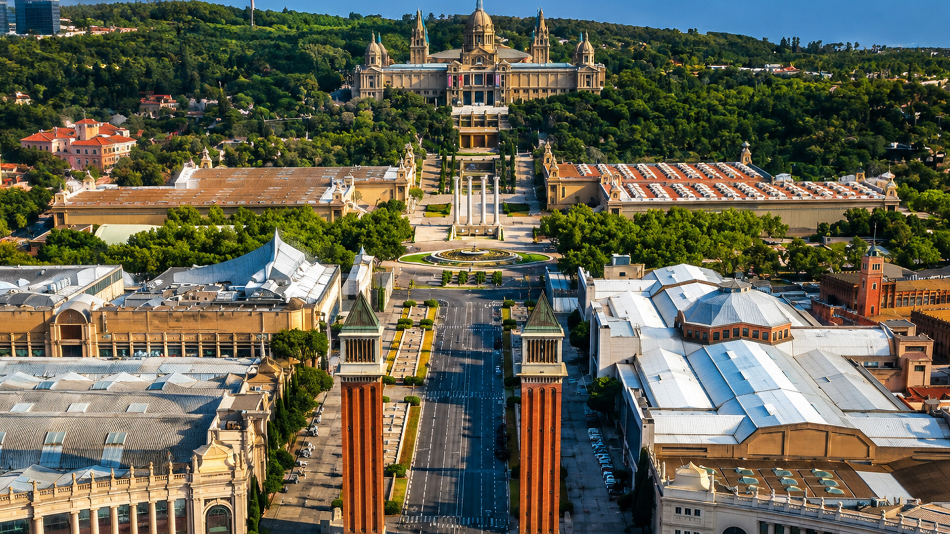 Torres Venecianas and Palau Nacional above Barcelona
