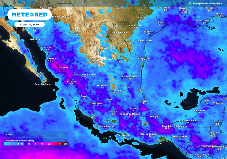 Fuertes lluvias y tormentas en estados del occidente, centro y sur con más de 50-70 mm, siendo más aisladas en el Golfo de México y sureste.