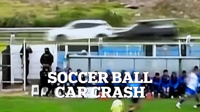 Moment players kick soccer ball onto busy road causing car crash