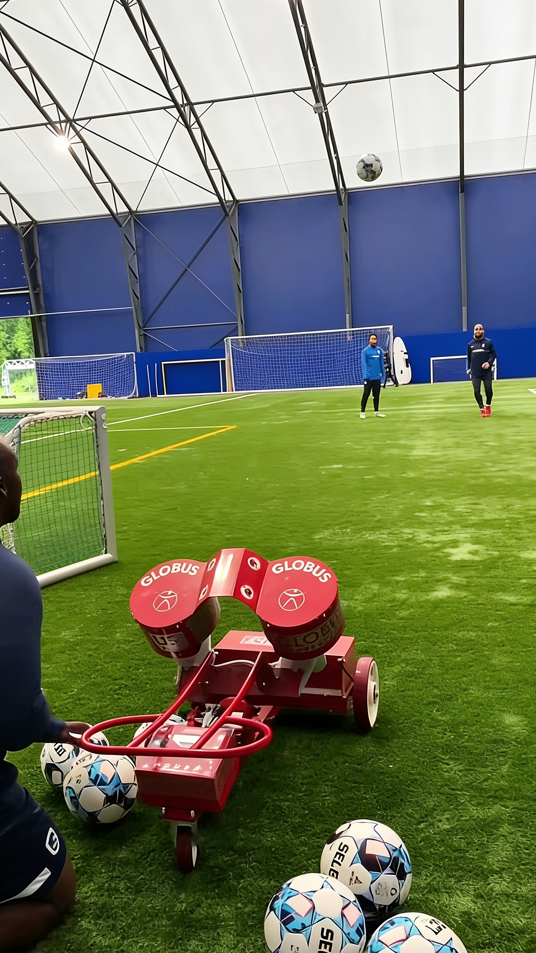 Football shooting machine drill shows finishing training skills
