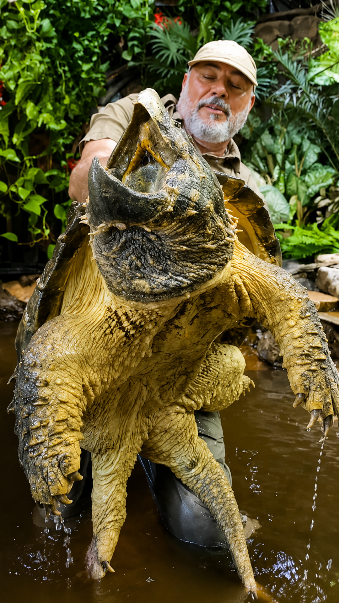Wildlife handler lifts alligator snapping turtle from water
