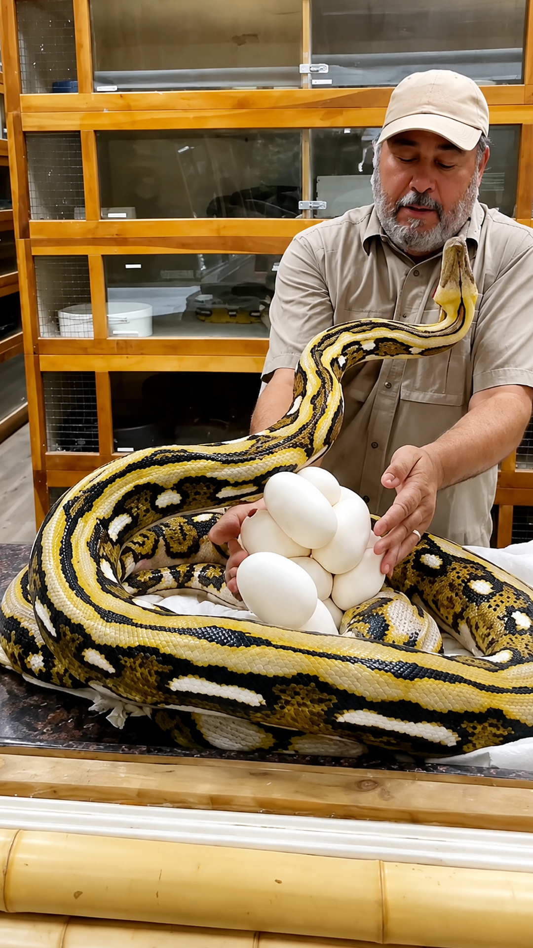 Python bites wildlife handler while he checks eggs on table