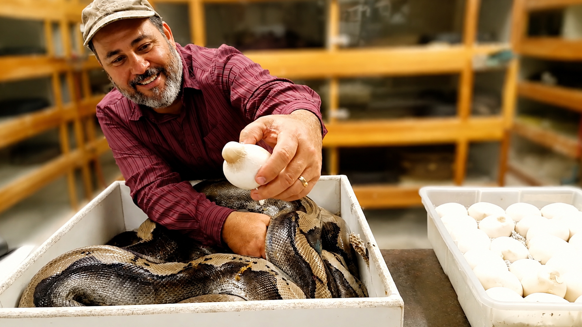Protective python nearly scares camera guy during egg pull