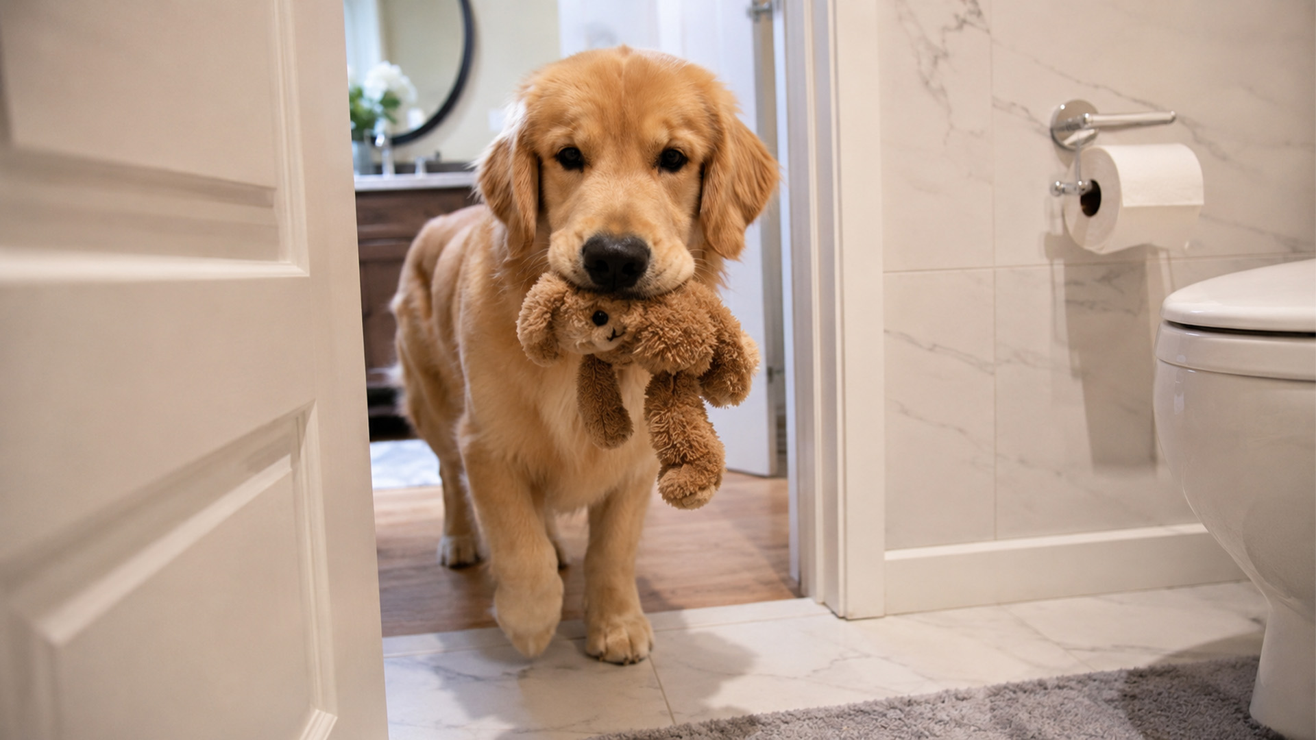 Golden retriever brings backup to bathroom