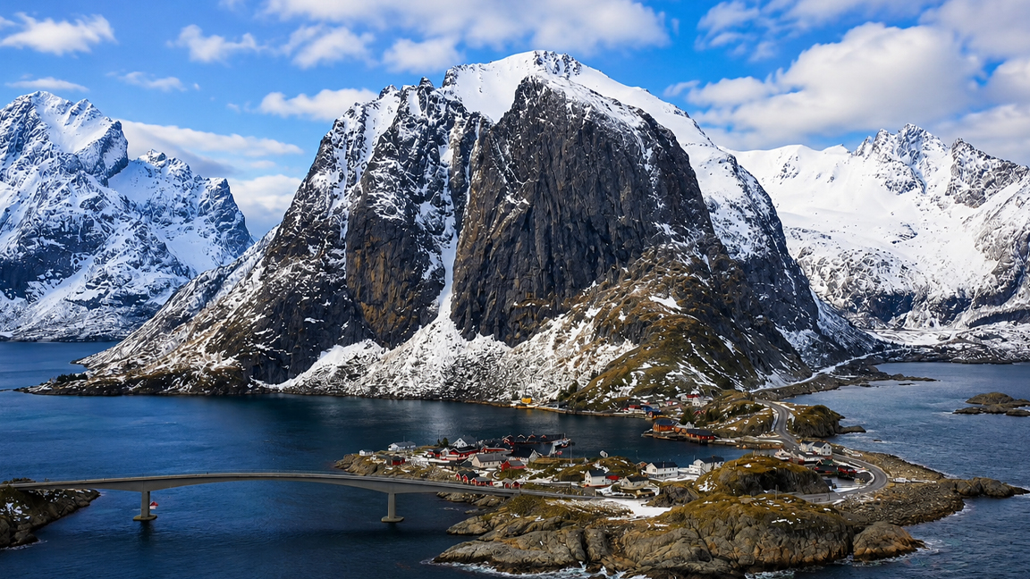 Snow-covered peaks rise above a quiet fishing village