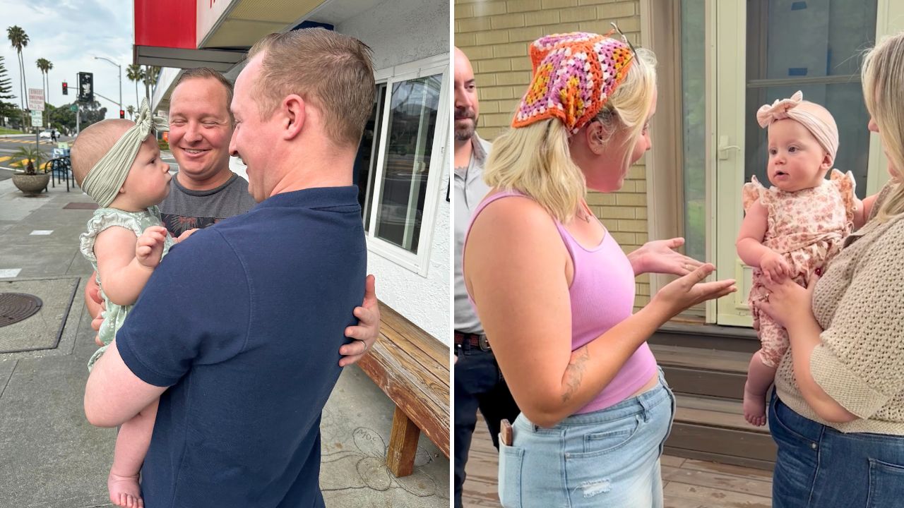 Baby daughter meets dad's identical twin for first time | Happily