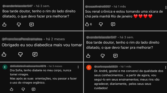 Nos comentários, internautas dizem que estão colocando as receitas em prática e pedem ajuda para tratar problemas de saúde Foto: Reprodução/Youtube