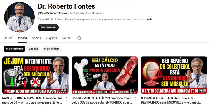 Com quase 95 mil inscritos em seu canal, o falso médico de IA Roberto Fontes diz ser cardiologista e geriatra Foto: Reprodução/Youtube