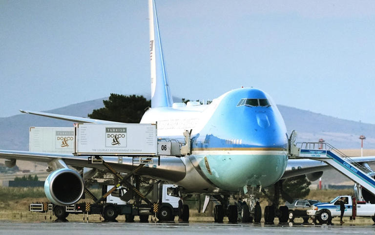 Catering containers parked next to Air Force One on the tarmac at Ankara International Airport on July 8 - Alex Brandon