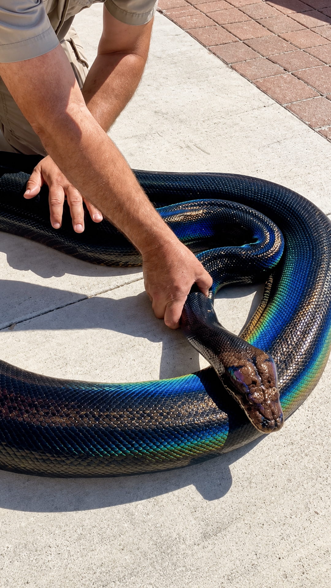 Wildlife handler shows rainbow snake shining like oil on water