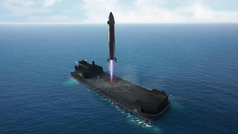 Vue d'artiste de la fusée Neutron de Rocket Lab qui décolle depuis une barge dans l'océan. ©Rocket Lab