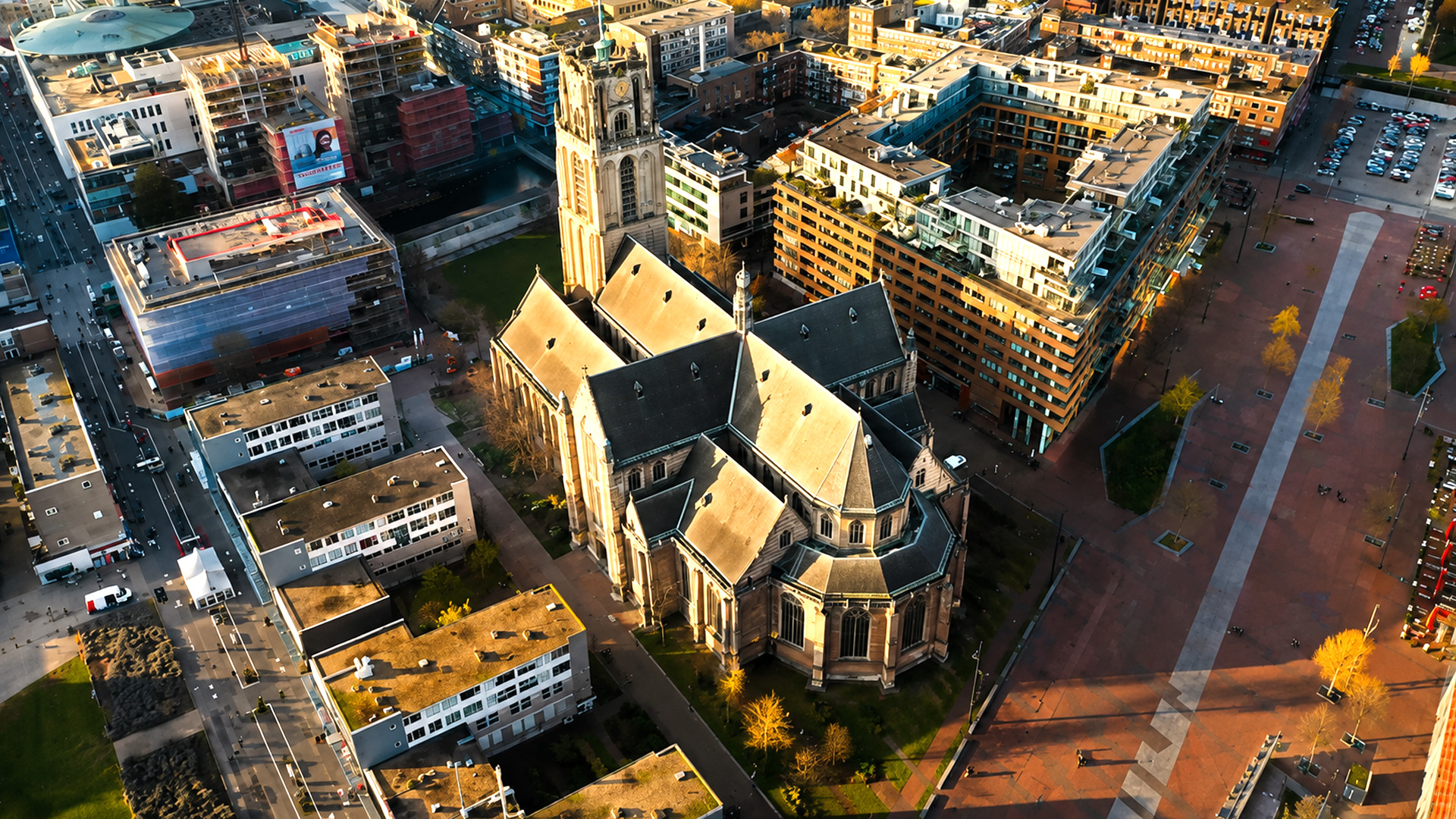 A giant cathedral rising above the historic streets of the Netherlands