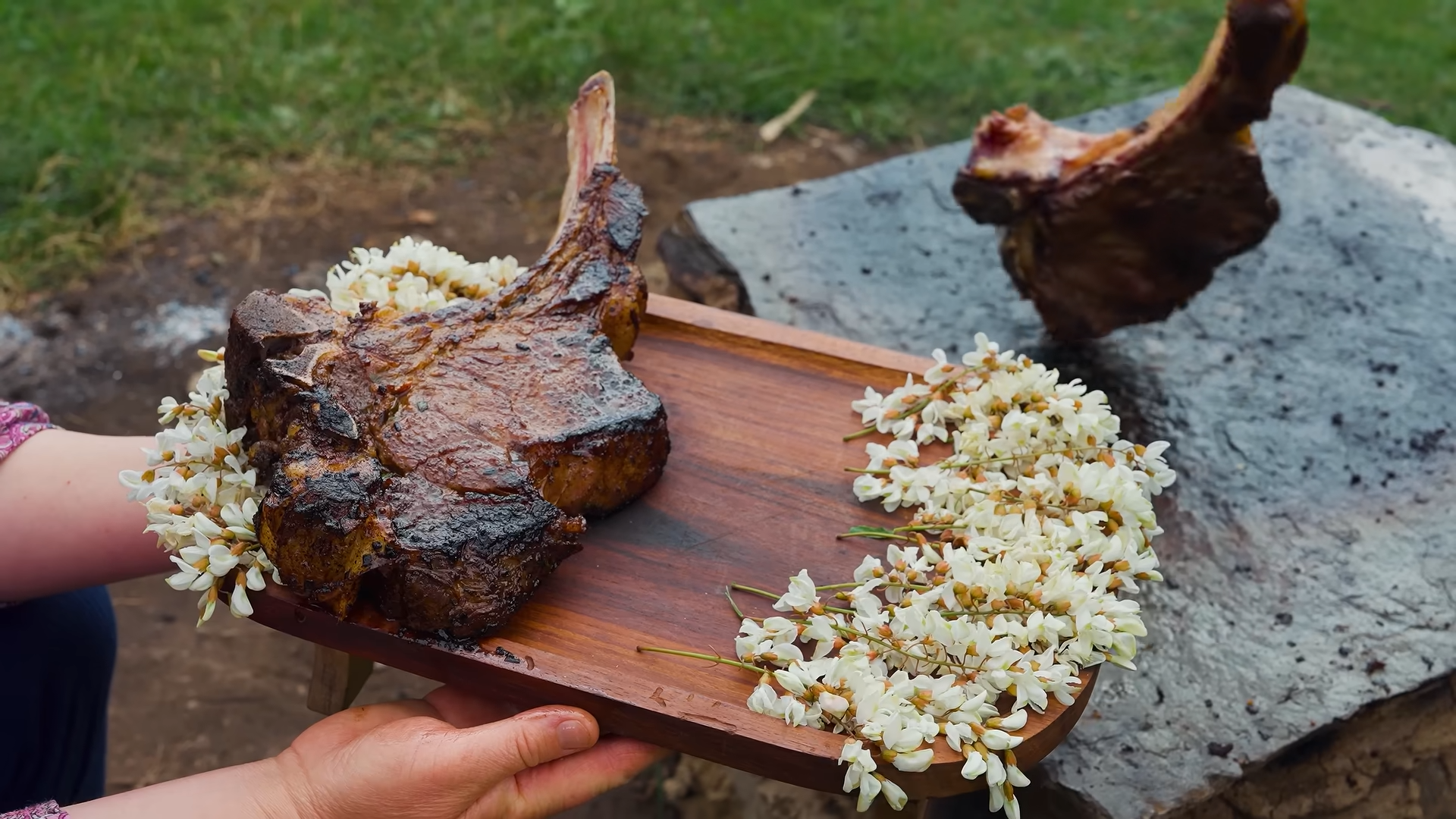 This stuffed beef steak was sizzled on stone and served with blossom jam