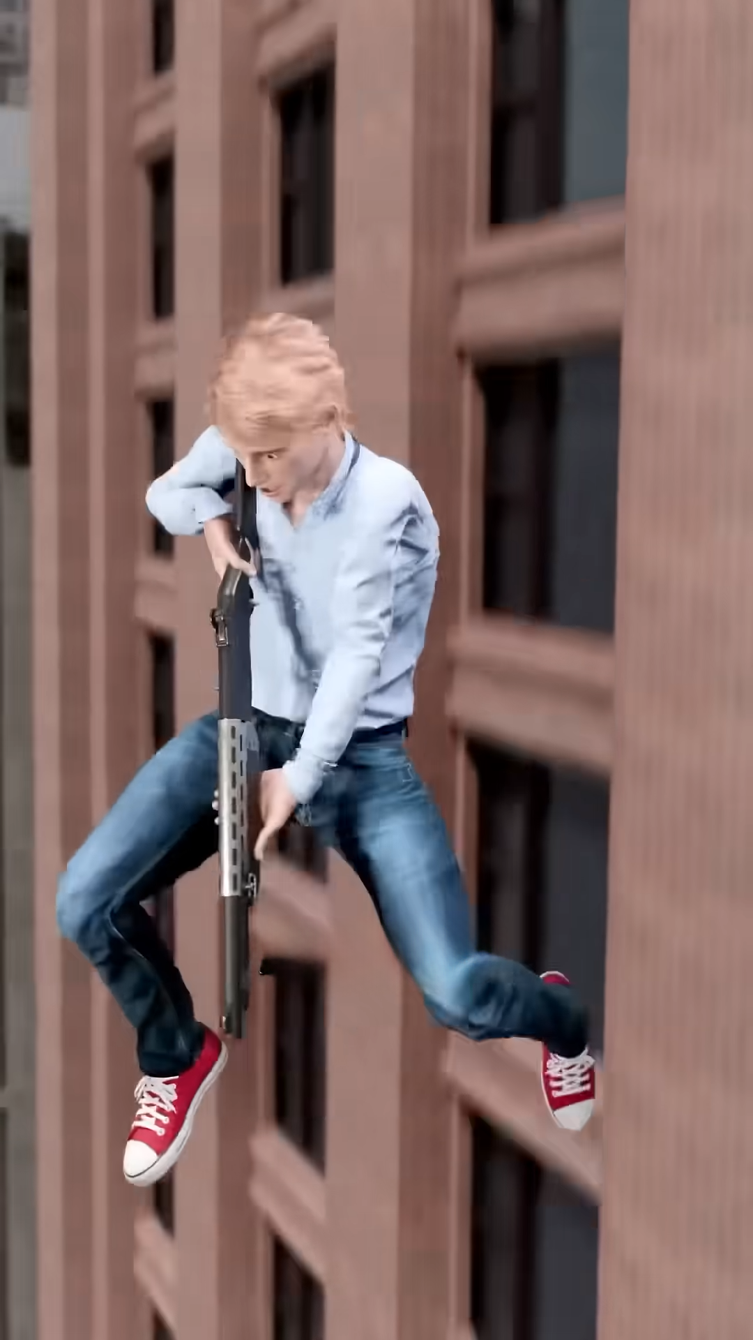 Surviving a dramatic skyscraper leap with an action weapon