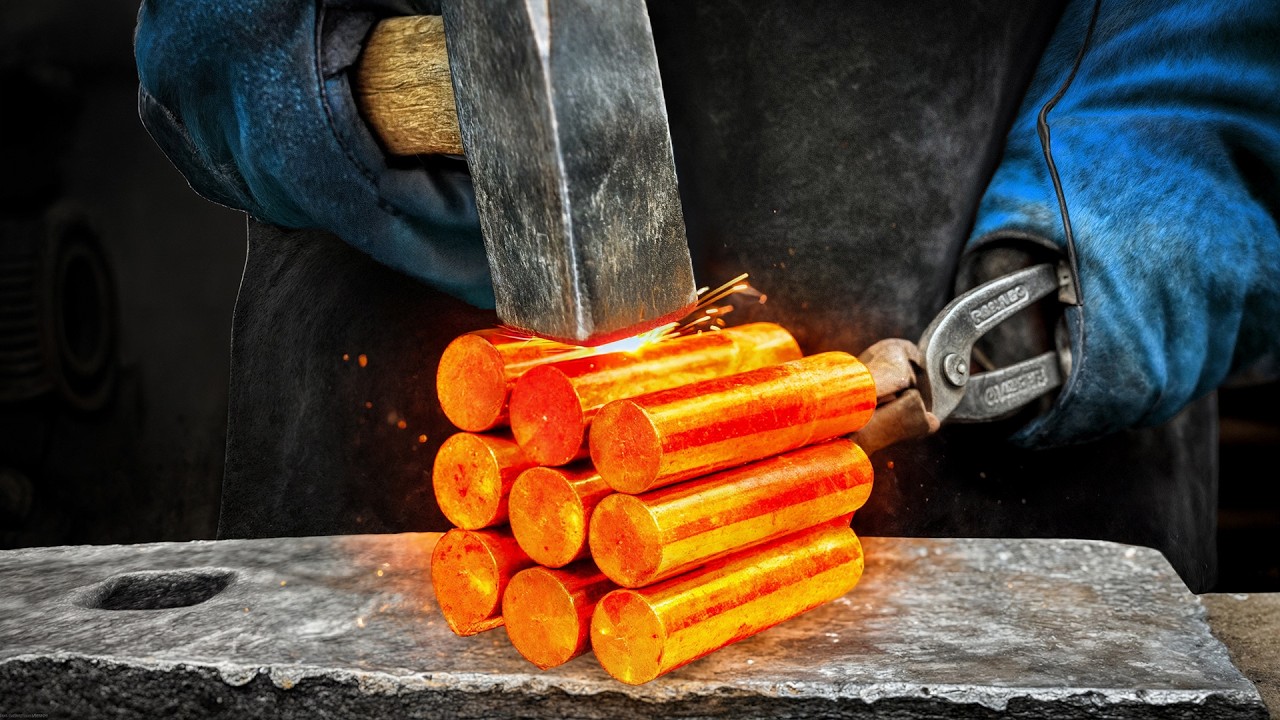 This video shows how a massive Damascus knife is forged from raw steel