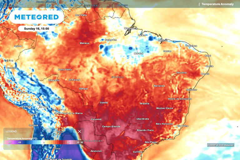 Previsão de anomalia de temperatura para a tarde de domingo, 16 de agosto.