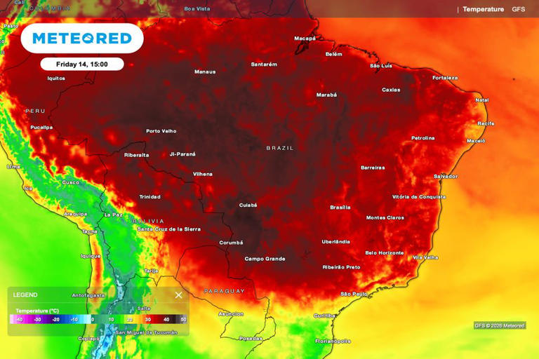 Previsão de temperatura para a tarde de sexta-feira, 14 de agosto.