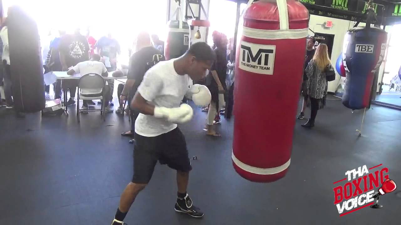 Devin Haney training on heavy bag at Mayweather Boxing Club