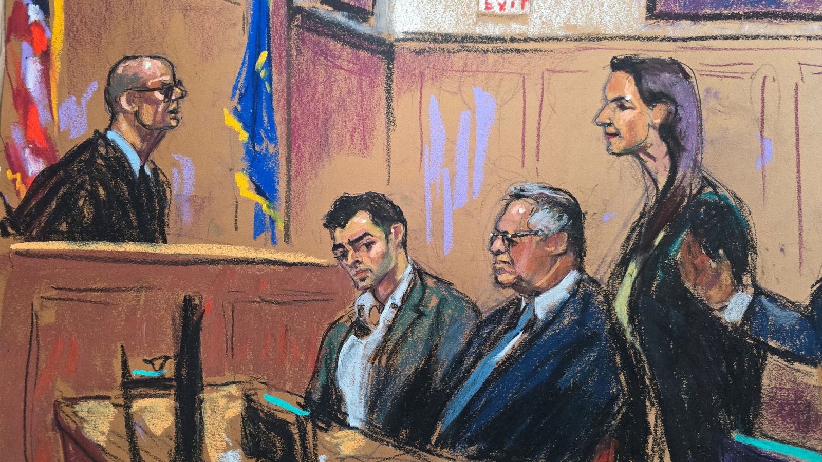 Mangione and his legal team in a courtroom sketch. Pic: Reuters