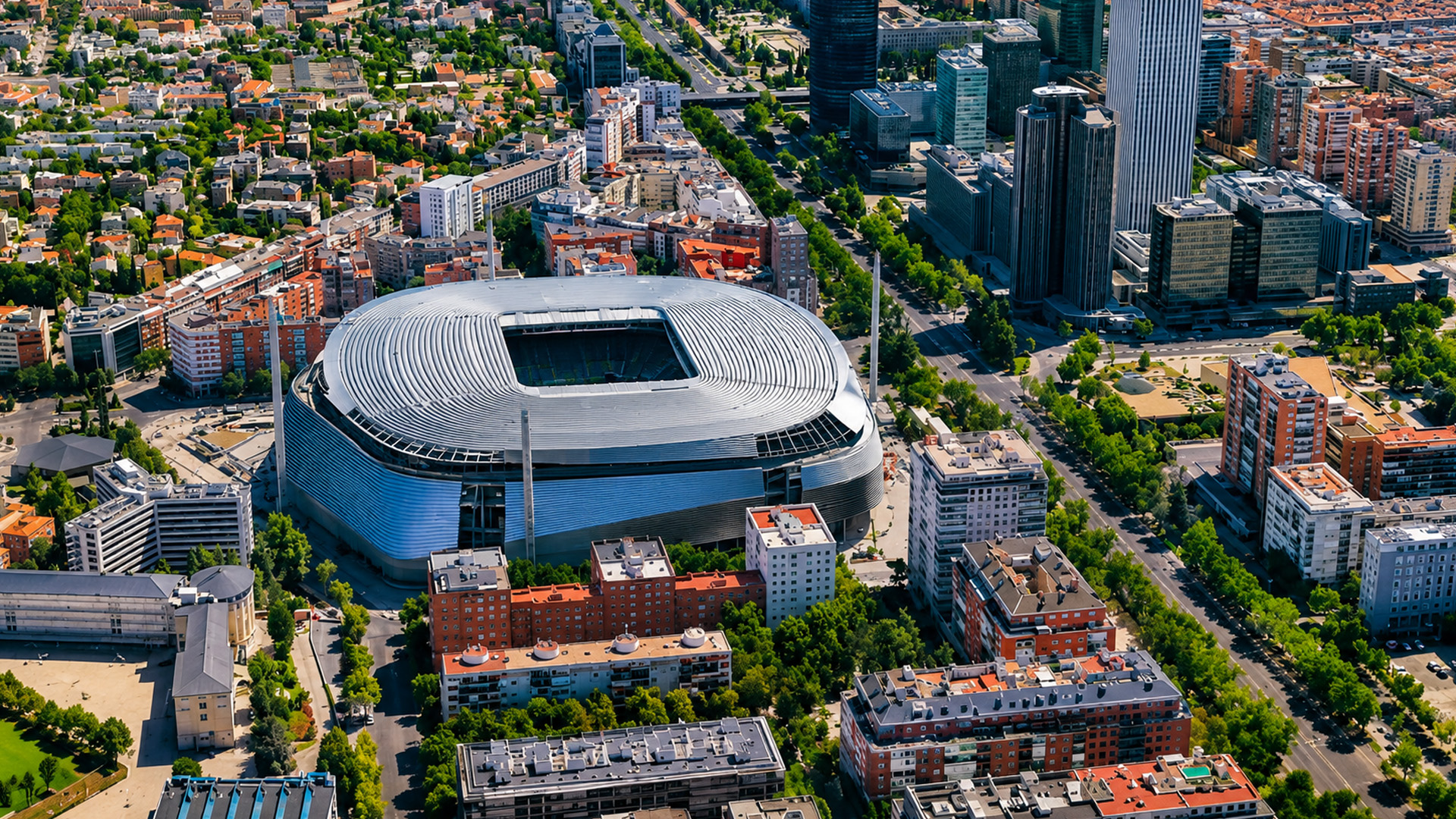 Estadio Santiago Bernabéu surrounded by Madrid skyline