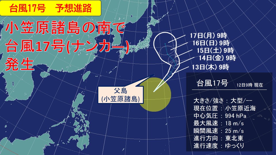 【台風情報】小笠原近海で新たな台風17号(ナンカ―)発生