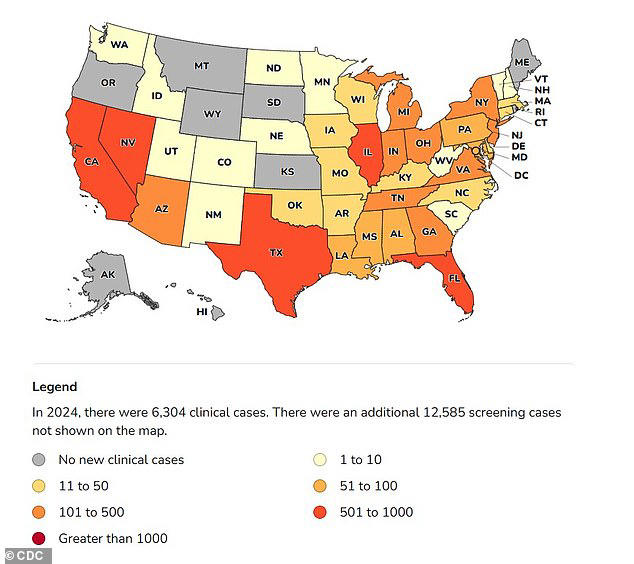 The above CDC map, which has slightly different figures from the agency's latest MMWR report, shows the number of Candida auris cases detected in each state in 2024
