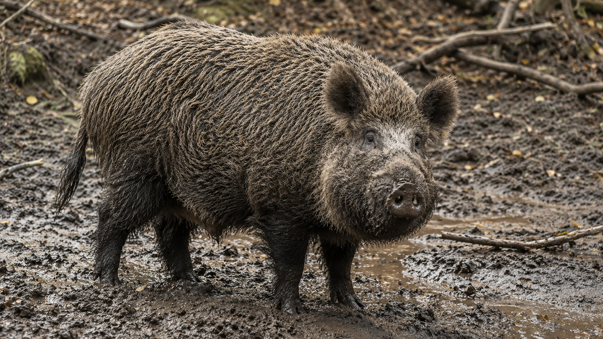 Hidden camera captures a wild boar standing in deep mud