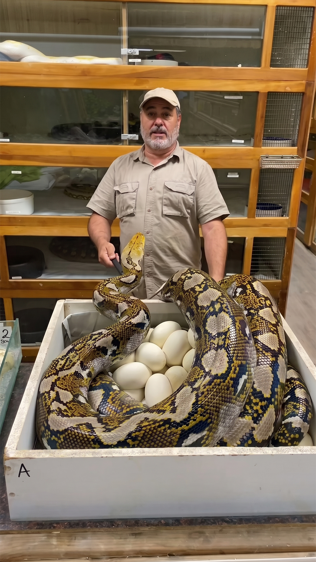 Giant reticulated python shows powerful movement while guarding eggs