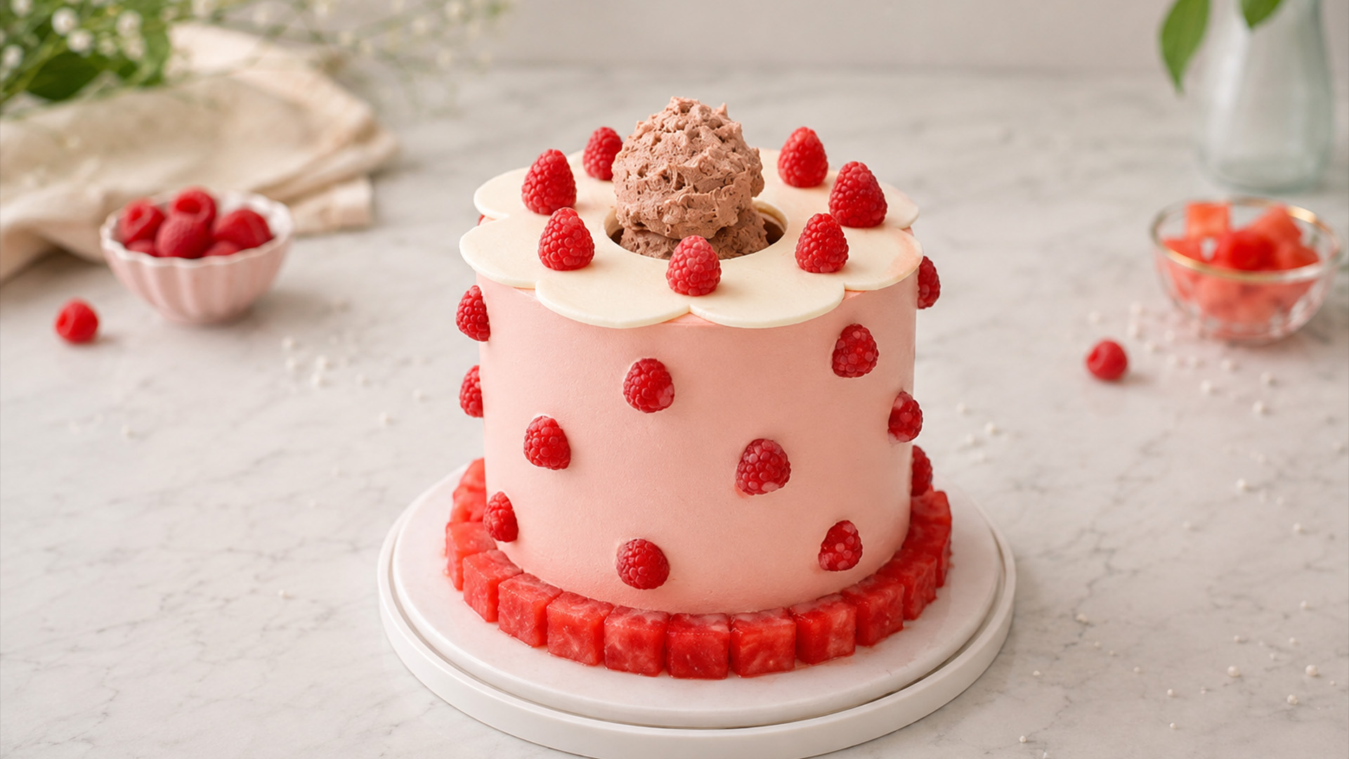 Watermelon disguised as a raspberry cream cake