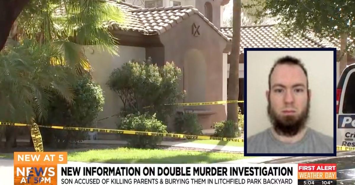 Inset: Matthew Christopher Flores Semyonov (U.S. Marshals). Background: The Arizona home where the parents of Matthew Christopher Flores Semyonov were found buried in the backyard (AZFamily).