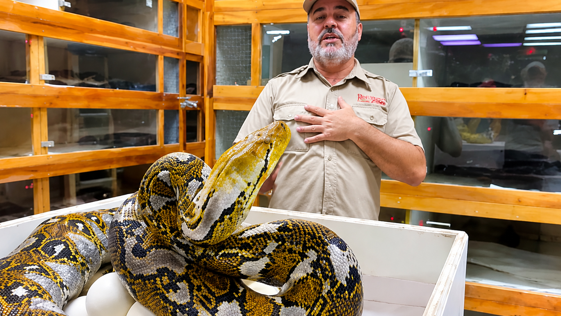 Protective mother python guards forty-four eggs from a risky collection