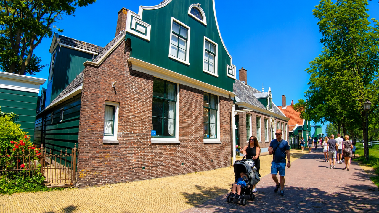 Why are the traditional houses of Zaanse Schans painted green?
