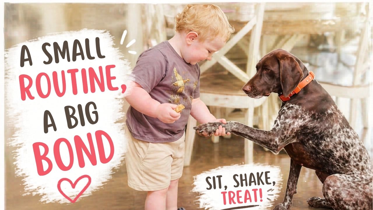 Boy gives the family dog a treat before leaving