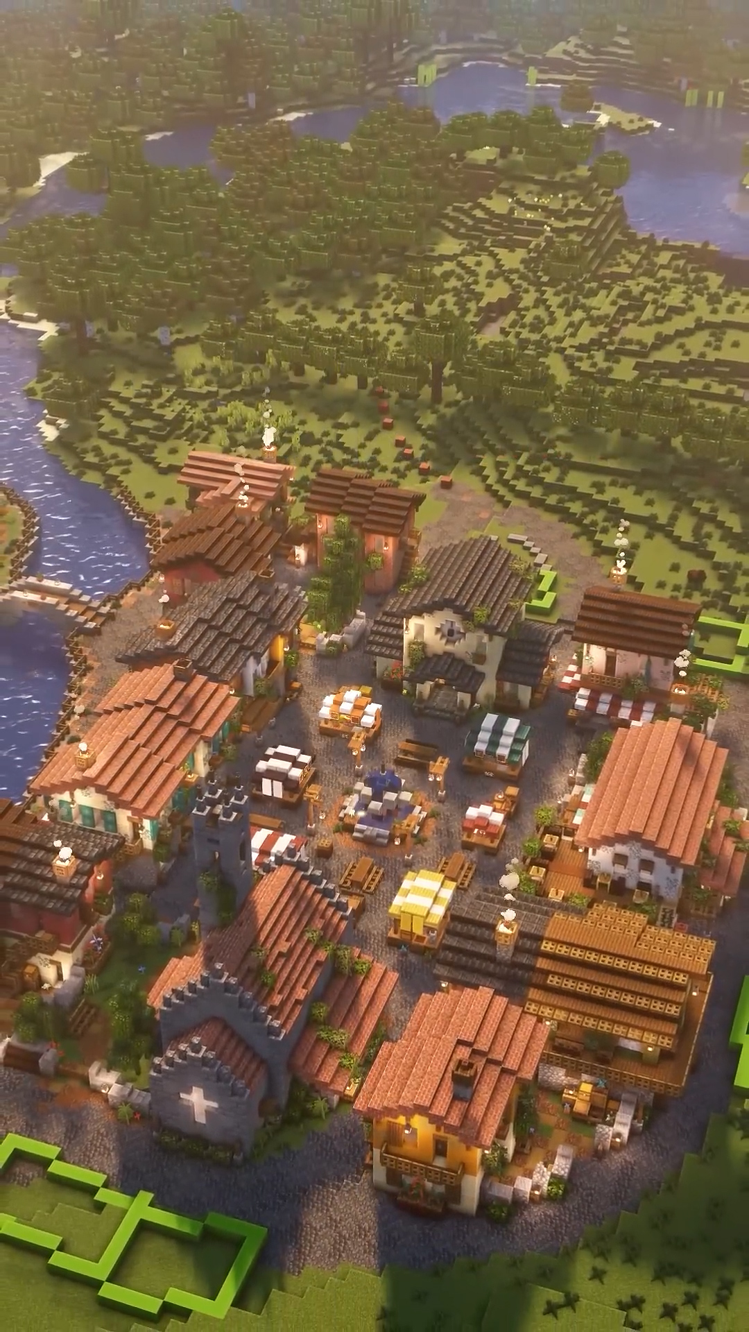 This village build includes a town square, homes and small shops