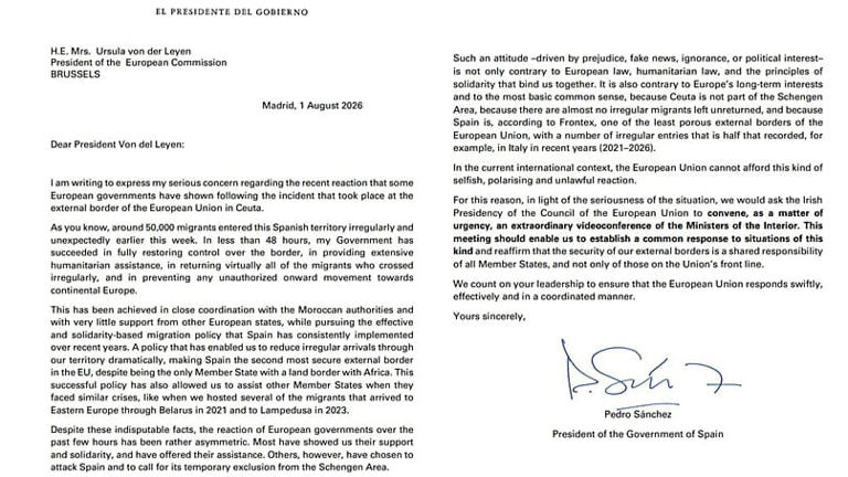 Carta de Pedro Sánchez a Von der Leyen por la crisis de Ceuta Gobierno de España