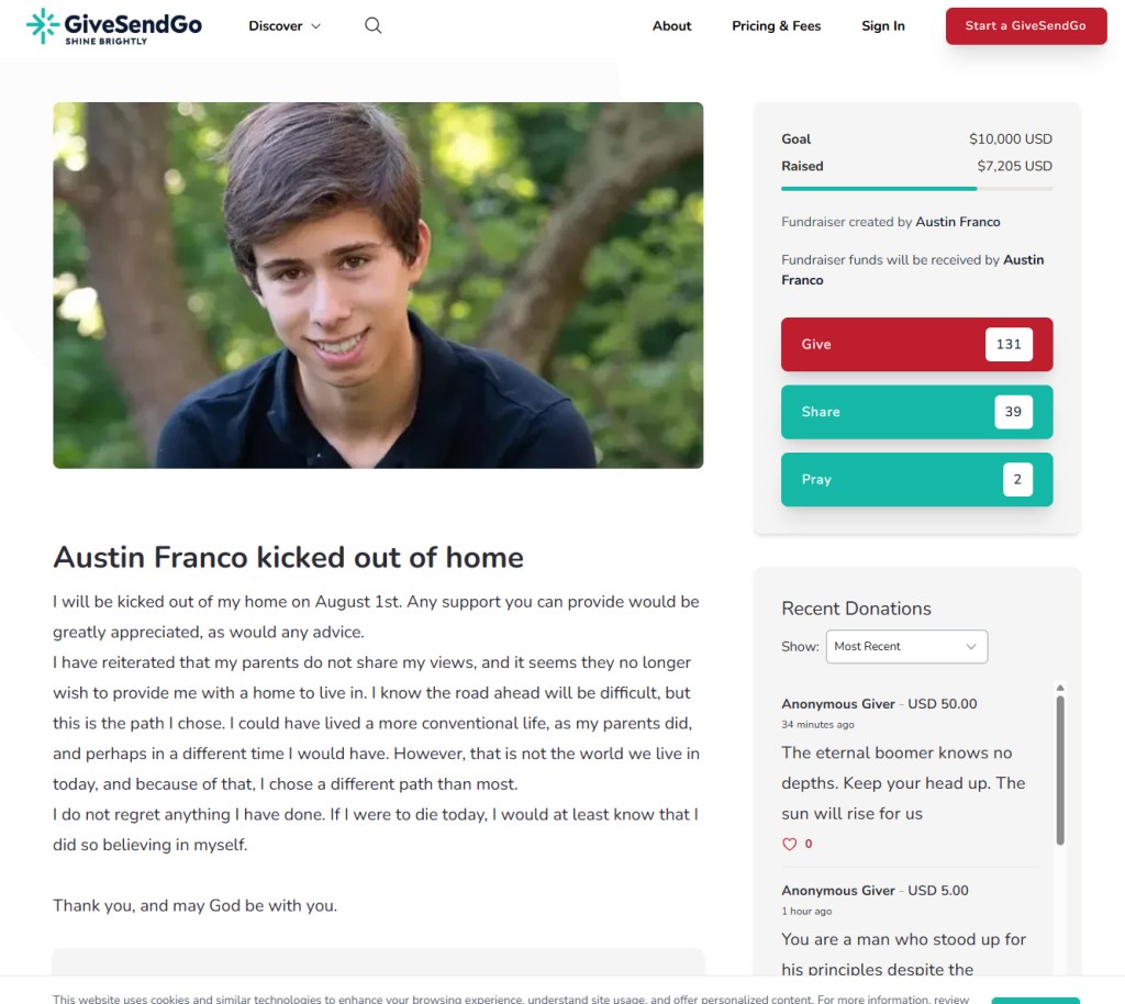 Franco set up a fundraiser that has already raised over $7,000. Givesendgo