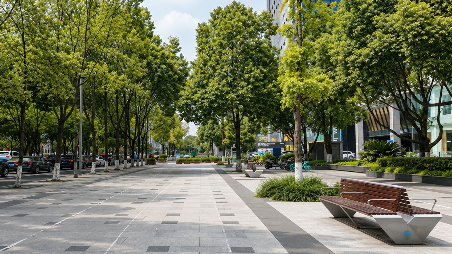 Wooden benches enhance spacious pedestrian boulevard beneath lush urban ...