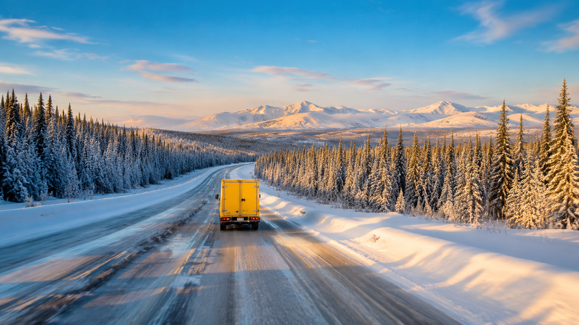 Alaska Highway cutting through snow covered forests