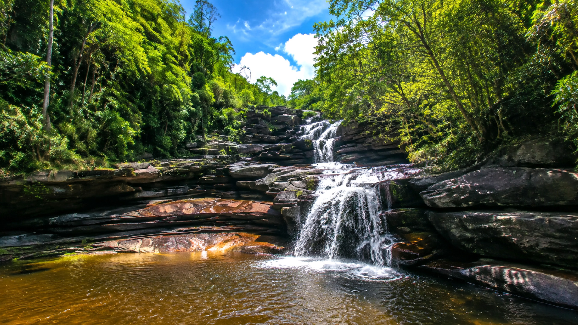 Calisto Waterfall Cutting Through Forest and Rock Formations