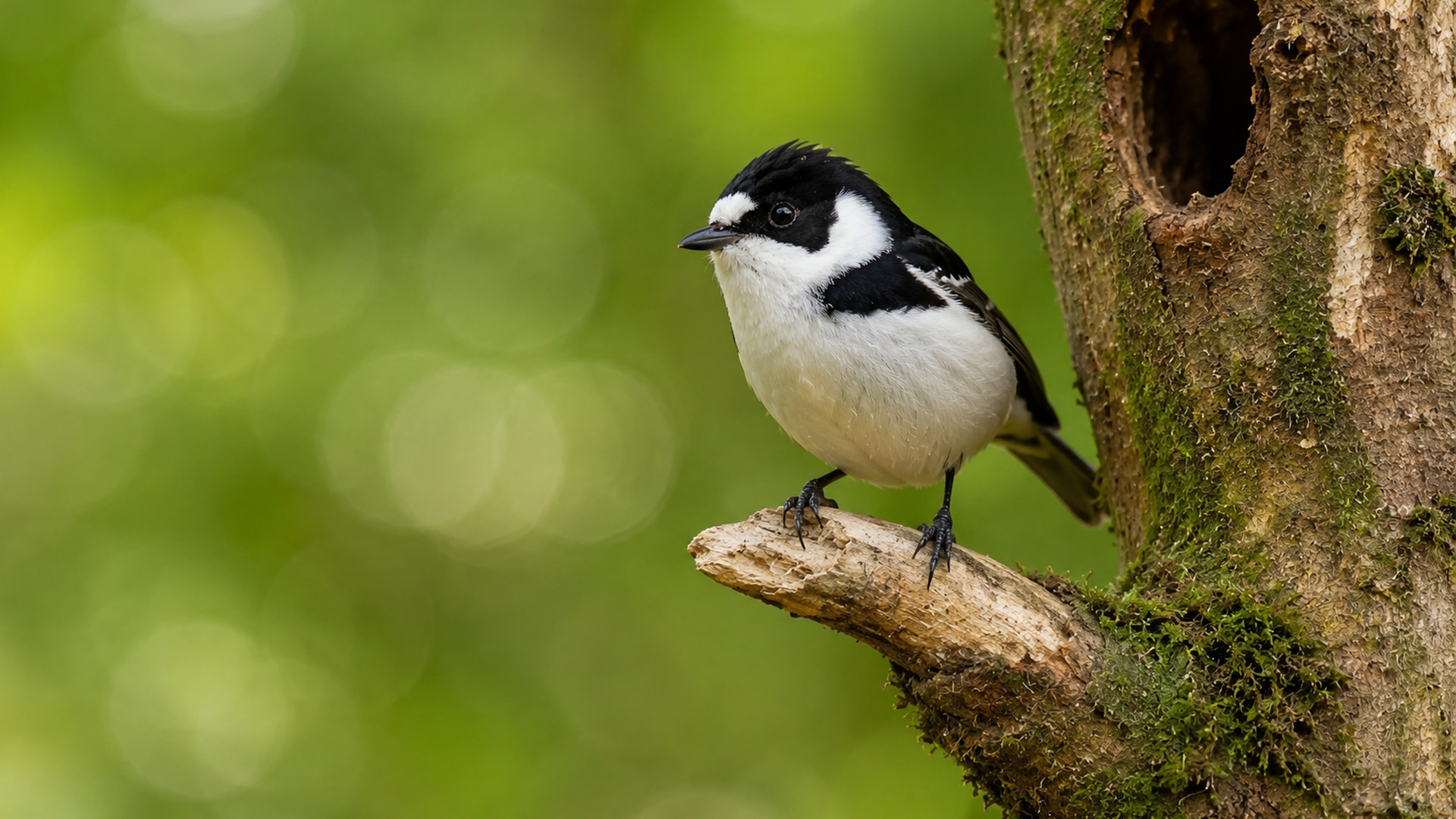 Hidden camera captures a songbird resting beside a tree hollow