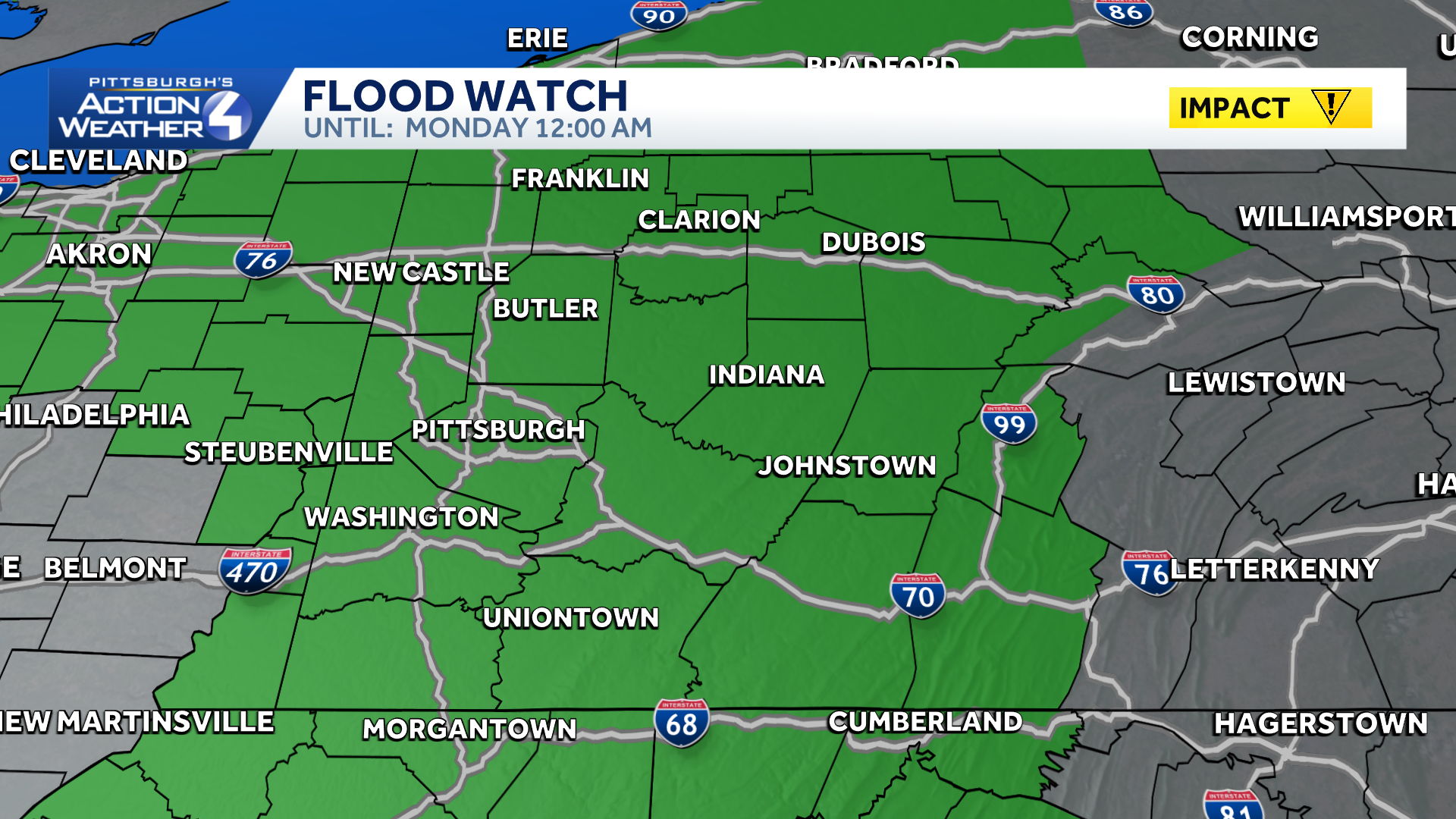Flash flood warning, flood watch in place for western Pa.