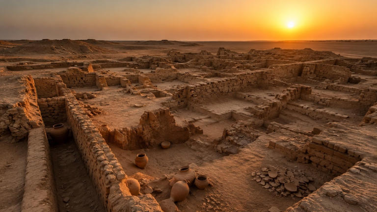 Recreación de unas antiguas ruinas mesopotámicas en el desierto de Irak al amanecer.