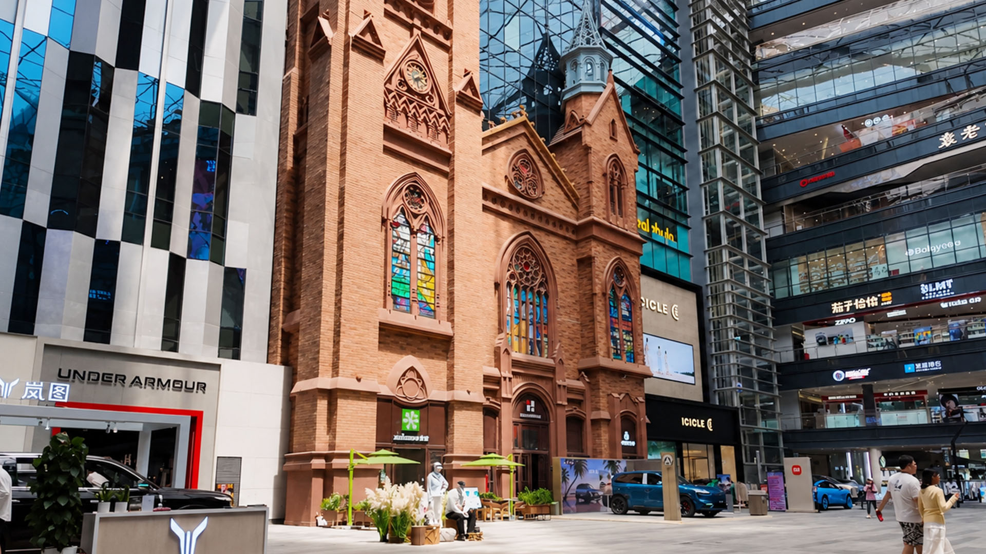 Gothic style church facade preserved inside modern commercial mall ...