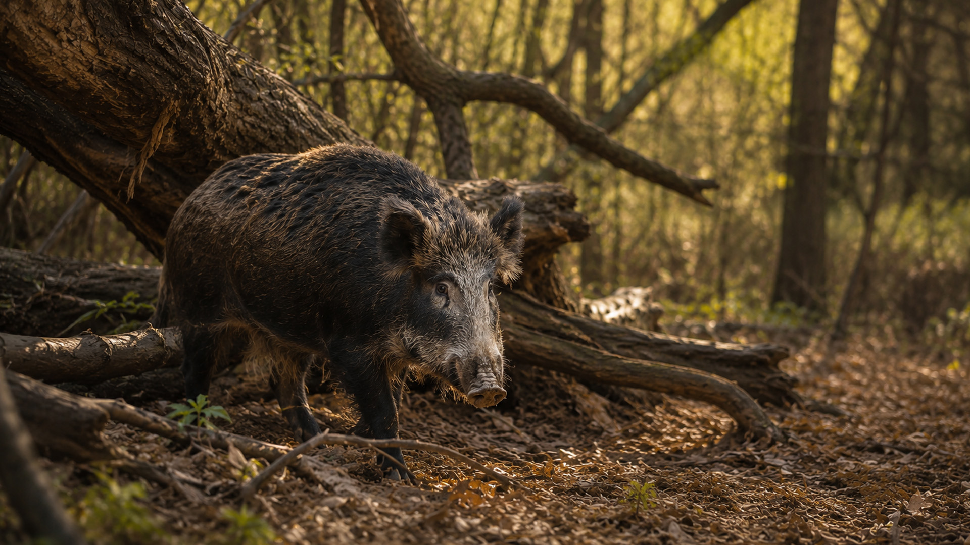 Wild boar crosses a fallen forest trail before a wildlife camera